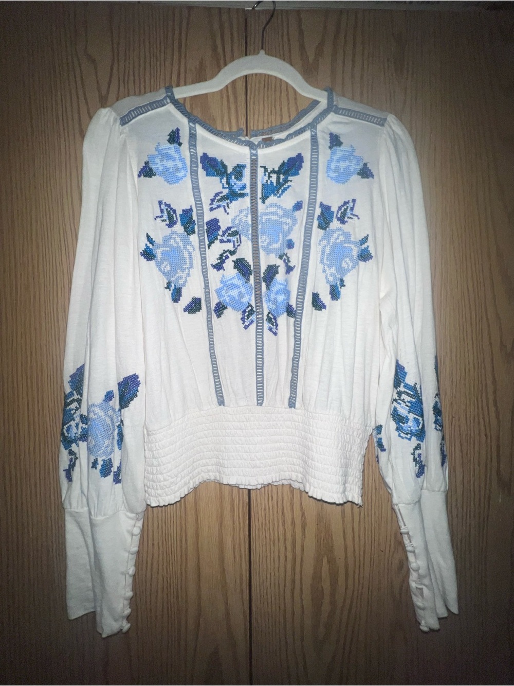 Free People White Blouse with Blue Floral Embroidery